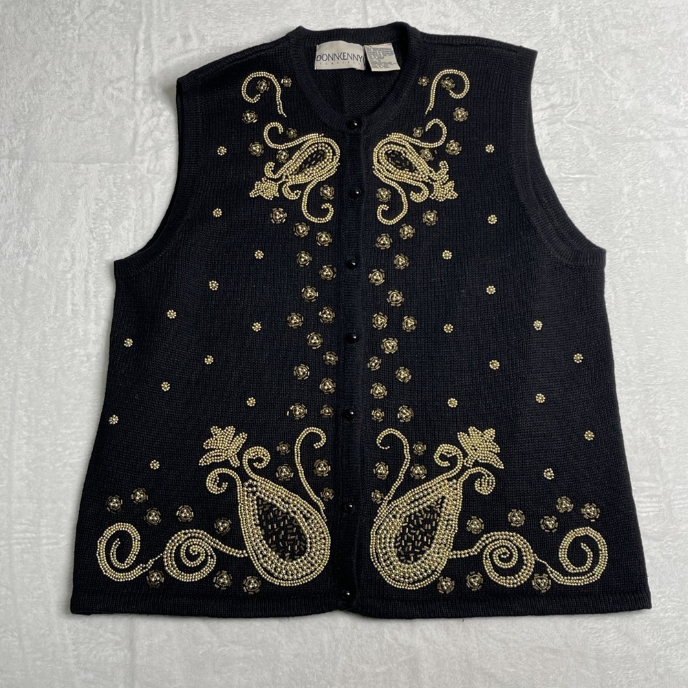Vtg Donnkenny Embroidered Button Vest Sweater Womens L‎ Beads Pockets Party Y2K